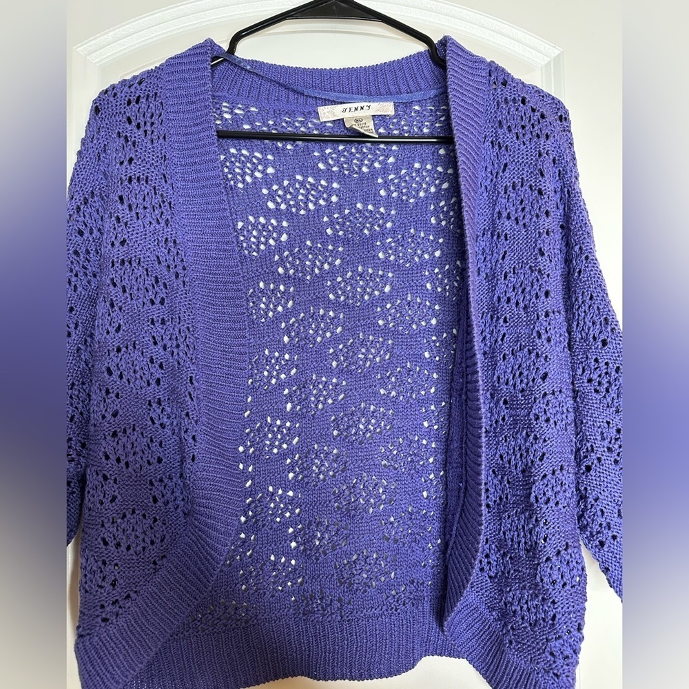 Jenny Purple Open Knit Cardigan 100% Cotton Lightweight Boho Layer Size L - Picture 6 of 6